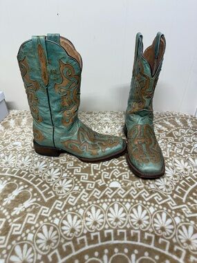 Tanner Mark Rustic Turquoise and Brown Leather Boots unisex 9.5M 11.0 W